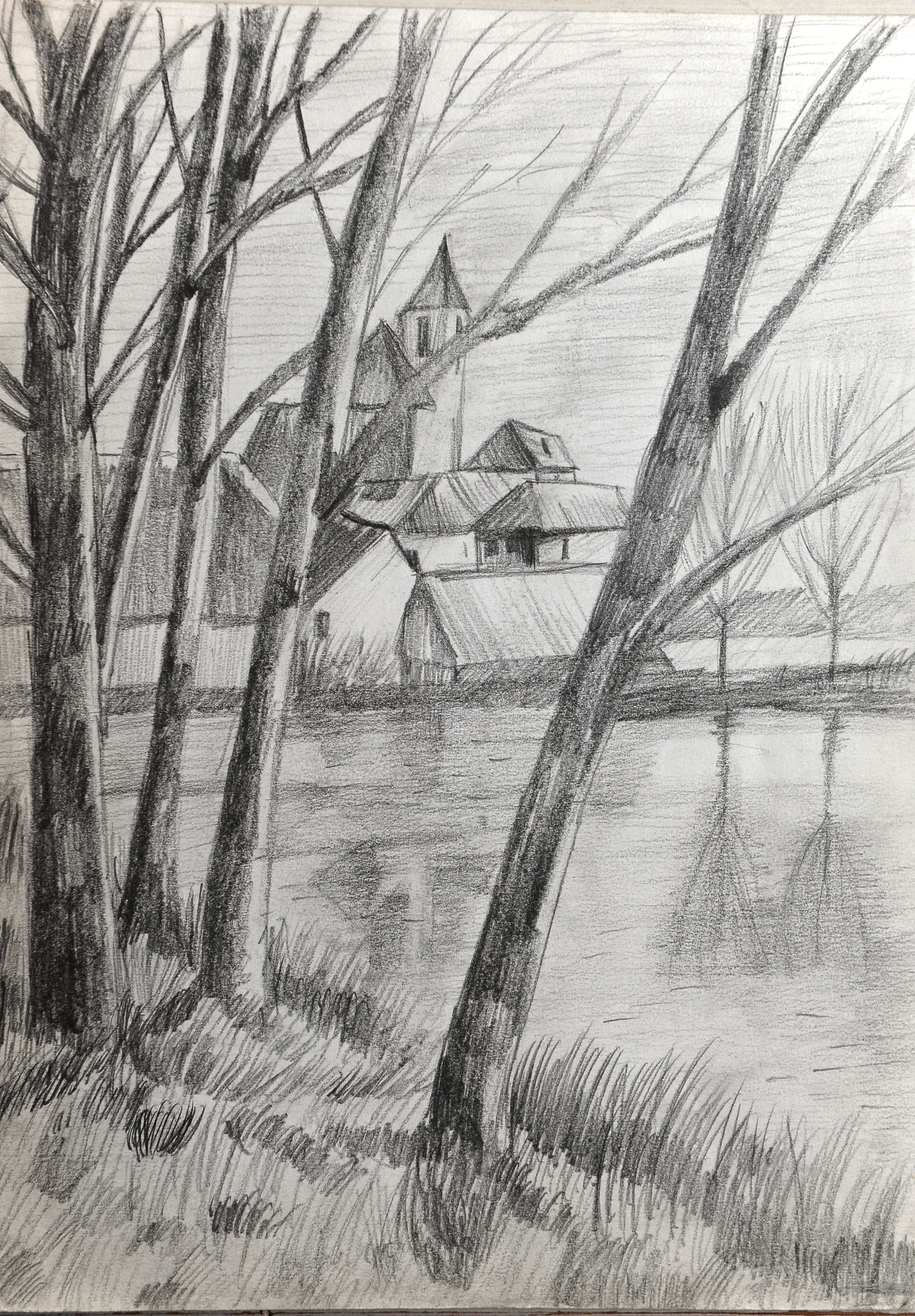 A black and white landscape drawing