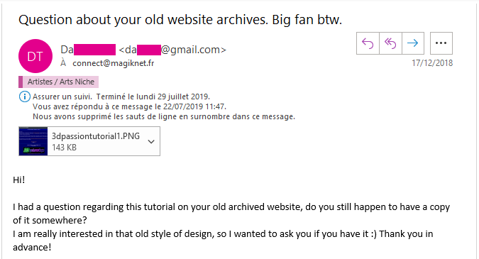 Screenshot of email from fan D.T.